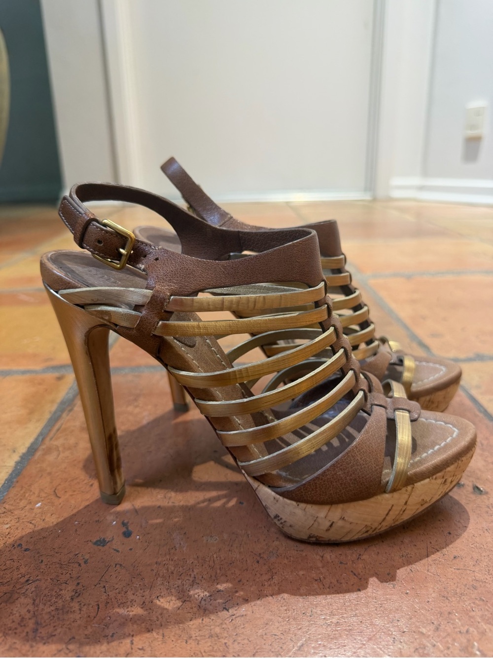 MIU MIU Strappy High Heel Sandals with Gold Accents